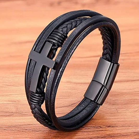 Cross Leather Braided Bracelet