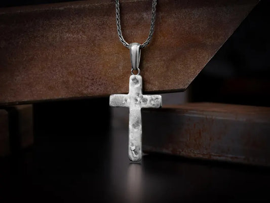 Brutal broken cross, silver charm's necklace, Forged silver cross crucifix pendant necklace, Sterling silver gift jewelry for man, Mom gift