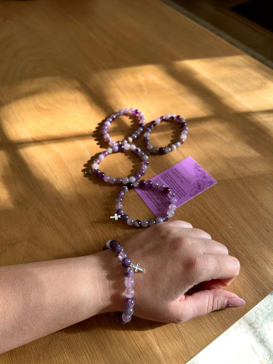 Cross Beaded Bracelet – Amethyst Crystal with Charm for Prayer, Faith & Spiritual Protection | Meaningful Christian Jewelry