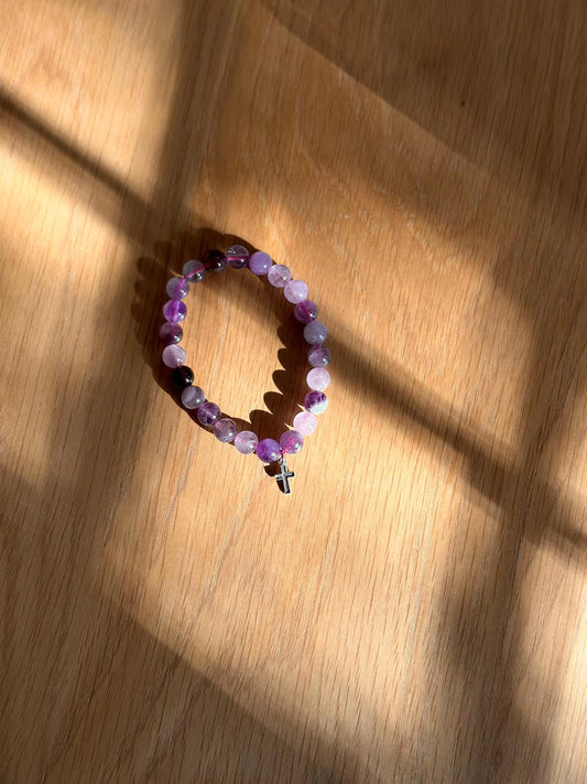 Cross Beaded Bracelet – Amethyst Crystal with Charm for Prayer, Faith & Spiritual Protection | Meaningful Christian Jewelry